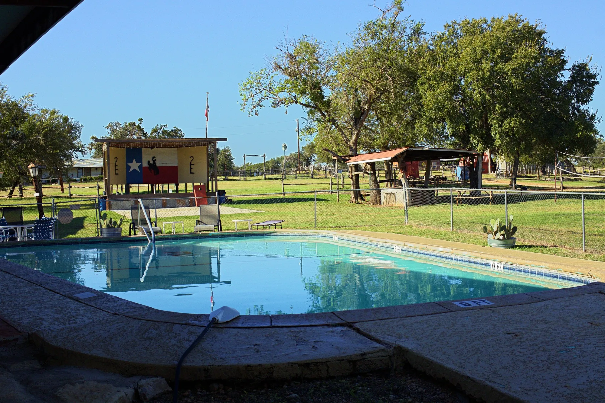 The Twin Elm pool on a sunny day, with the Texas-flag stage and live oaks behind it