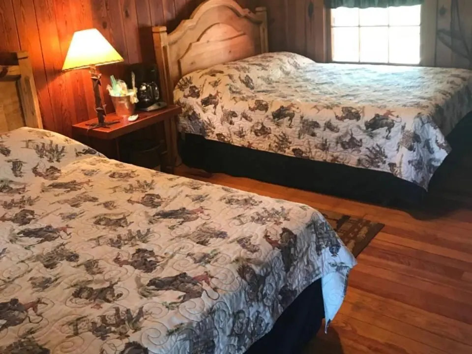 A Travel Lodge bedroom with two beds in cowboy-print quilts, wood walls and a bedside lamp